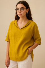 Bluzka z dekoltem V i rękawem na guzik dla kobiet