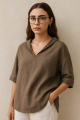 Bluzka z dekoltem V i rękawem na guzik dla kobiet