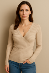 Top z prążkiem i dekoltem V z zaokrąglonym przodem