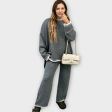 Zestaw damski z dzianinowym topem i szerokimi spodniami