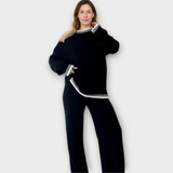 Zestaw damski z dzianinowym topem i szerokimi spodniami